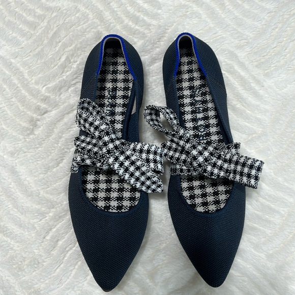 Rothy’s Mary Jane Tie Flats Navy Knit w/ Houndstooth Straps Size 8 - Picture 1 of 10